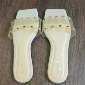 BAMBOO Clear Studded Slide Sandals with Ivory Footbed